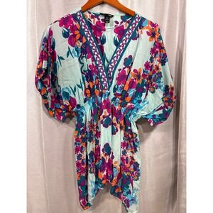 H&M Floral V-Neck Smocked Waist Tunic Top Mint Green Pink Orange Size 14